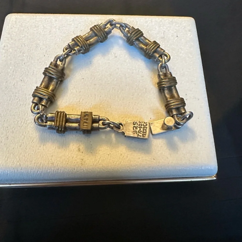 Vintage Taxco Mexico 925 Sterling Silver & Laton Mixed Metal Link Bracelet 25g - Picture 2 of 7